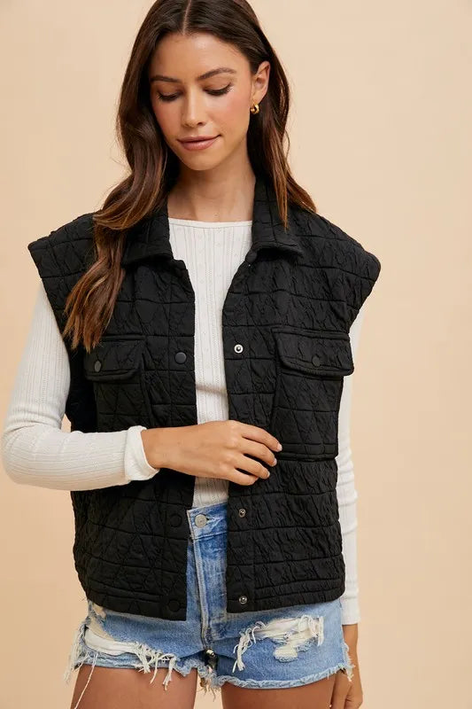 Annie Wear Texture Quilted Snap Down Vest Coat-Vest-Trendsi-Black-S-[option4]-[option5]-[option6]-[option7]-[option8]-Shop-Boutique-Clothing-for-Women-Online