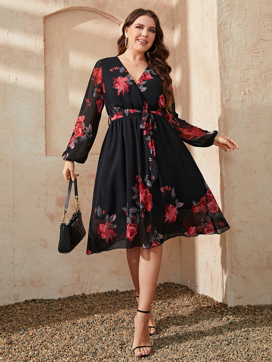Honey Plus Size Floral Surplice Neck Tie Waist Dress-Dresses-Trendsi-[option4]-[option5]-[option6]-[option7]-[option8]-Shop-Boutique-Clothing-for-Women-Online