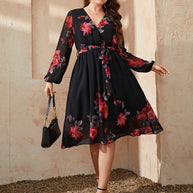 Honey Plus Size Floral Surplice Neck Tie Waist Dress-Dresses-Trendsi-[option4]-[option5]-[option6]-[option7]-[option8]-Shop-Boutique-Clothing-for-Women-Online