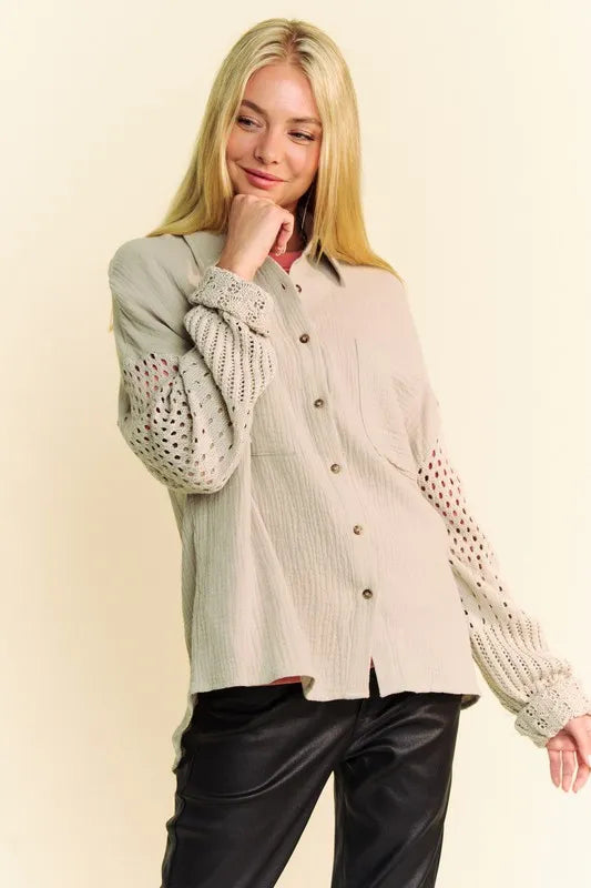 Davi & Dani Crochet Sleeve Crinkled Texture Shirt-Blouses-Trendsi-[option4]-[option5]-[option6]-[option7]-[option8]-Shop-Boutique-Clothing-for-Women-Online