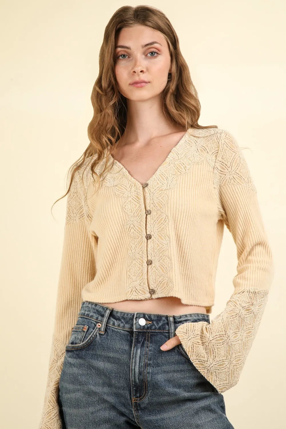VERY J V-Neck Lace Detail Button Down Crop Ribbed Knit Top-Crop Tops-Trendsi-[option4]-[option5]-[option6]-[option7]-[option8]-Shop-Boutique-Clothing-for-Women-Online