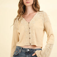 VERY J V-Neck Lace Detail Button Down Crop Ribbed Knit Top-Crop Tops-Trendsi-[option4]-[option5]-[option6]-[option7]-[option8]-Shop-Boutique-Clothing-for-Women-Online