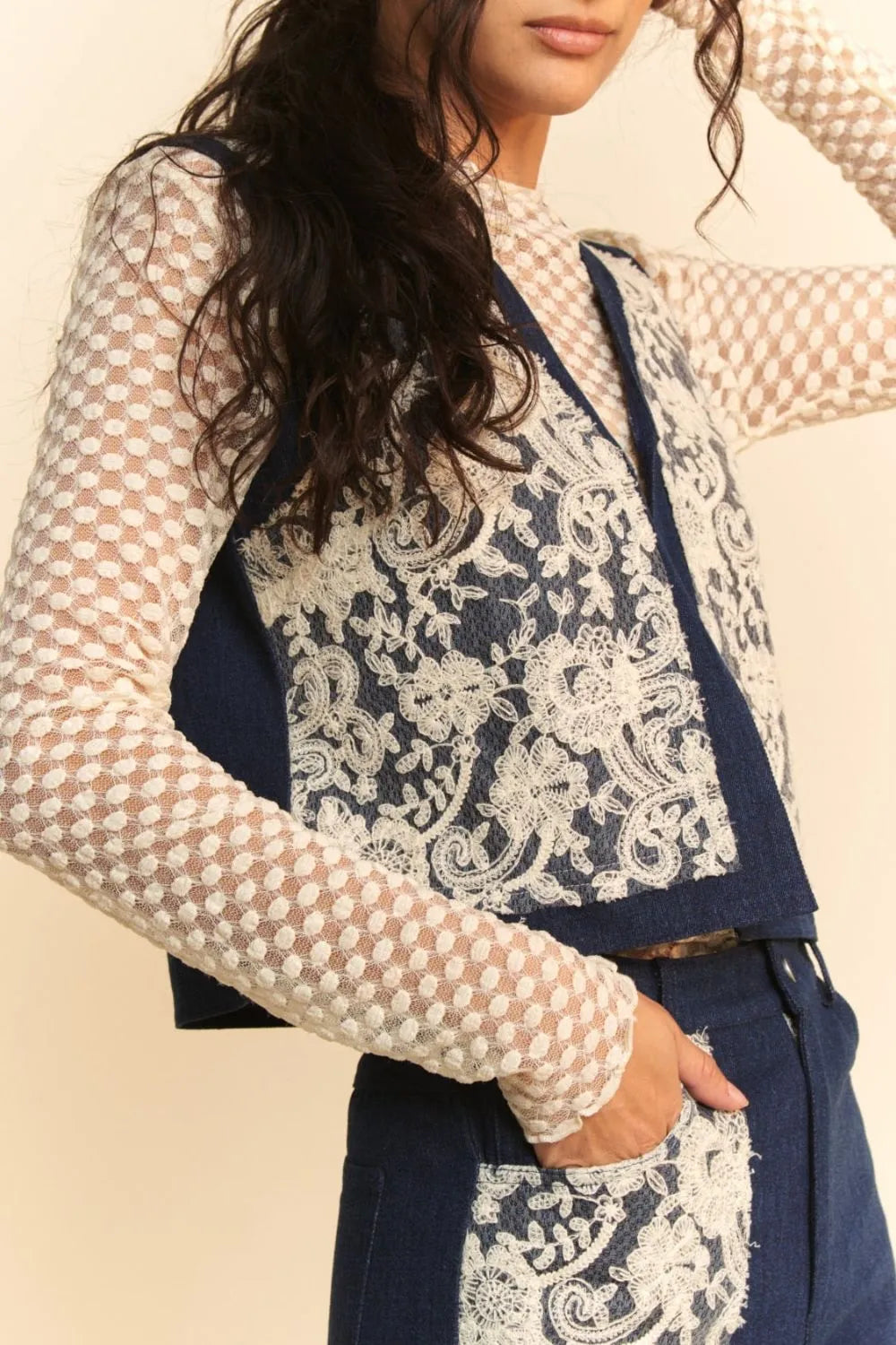 Davi & Dani Lace Patch Open Front Denim Vest-Vest-Trendsi-Dark-S-[option4]-[option5]-[option6]-[option7]-[option8]-Shop-Boutique-Clothing-for-Women-Online