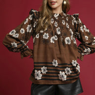 Umgee Full Size Mix Floral Smocked Ruffle Blouse-Blouses-Trendsi-BROWN MIX-S-[option4]-[option5]-[option6]-[option7]-[option8]-Shop-Boutique-Clothing-for-Women-Online