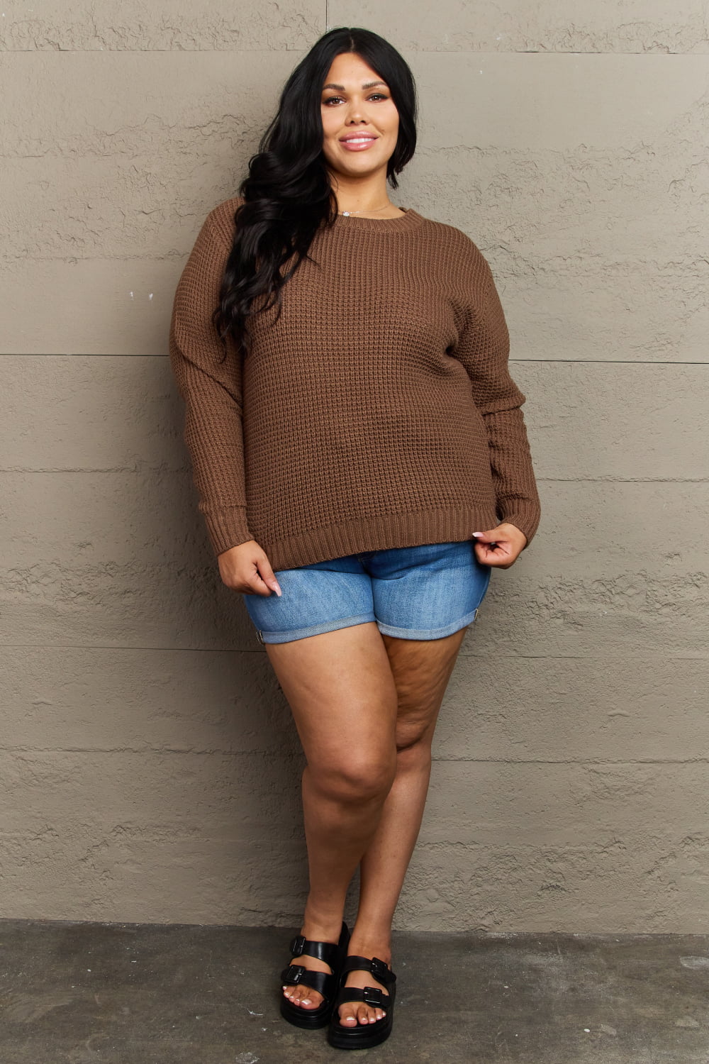 Zenana Breezy Days Plus Size High Low Waffle Knit Sweater-Sweaters-Trendsi-[option4]-[option5]-[option6]-[option7]-[option8]-Shop-Boutique-Clothing-for-Women-Online