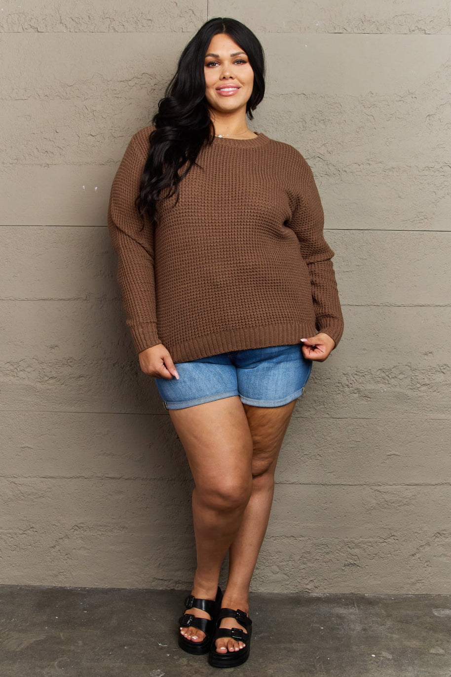 Zenana Breezy Days Plus Size High Low Waffle Knit Sweater-Sweaters-Trendsi-[option4]-[option5]-[option6]-[option7]-[option8]-Shop-Boutique-Clothing-for-Women-Online