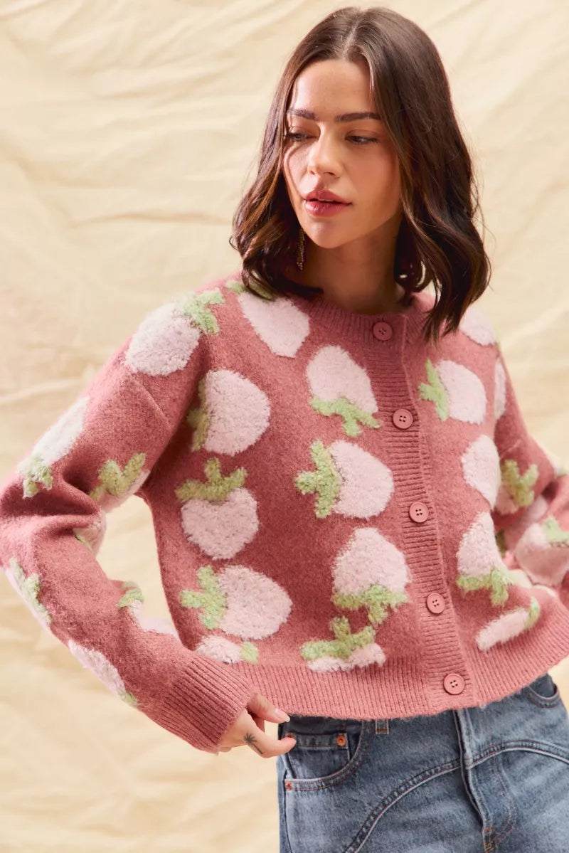 SO ME Strawberry Fruit All Over Button Sweater Cardigan-Cardigan-Trendsi-[option4]-[option5]-[option6]-[option7]-[option8]-Shop-Boutique-Clothing-for-Women-Online