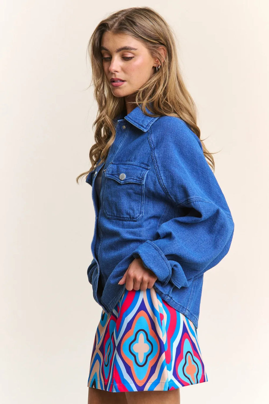 J.NNA Snap Down Long Sleeve Denim Shacket-Womens Outerwear/Shacket-Trendsi-[option4]-[option5]-[option6]-[option7]-[option8]-Shop-Boutique-Clothing-for-Women-Online