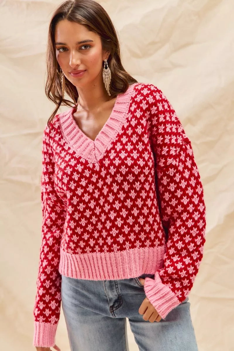 SO ME Color Block Textured Christmas Sweater V Neck Top-Sweaters-Trendsi-[option4]-[option5]-[option6]-[option7]-[option8]-Shop-Boutique-Clothing-for-Women-Online