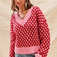 SO ME Color Block Textured Christmas Sweater V Neck Top-Sweaters-Trendsi-[option4]-[option5]-[option6]-[option7]-[option8]-Shop-Boutique-Clothing-for-Women-Online