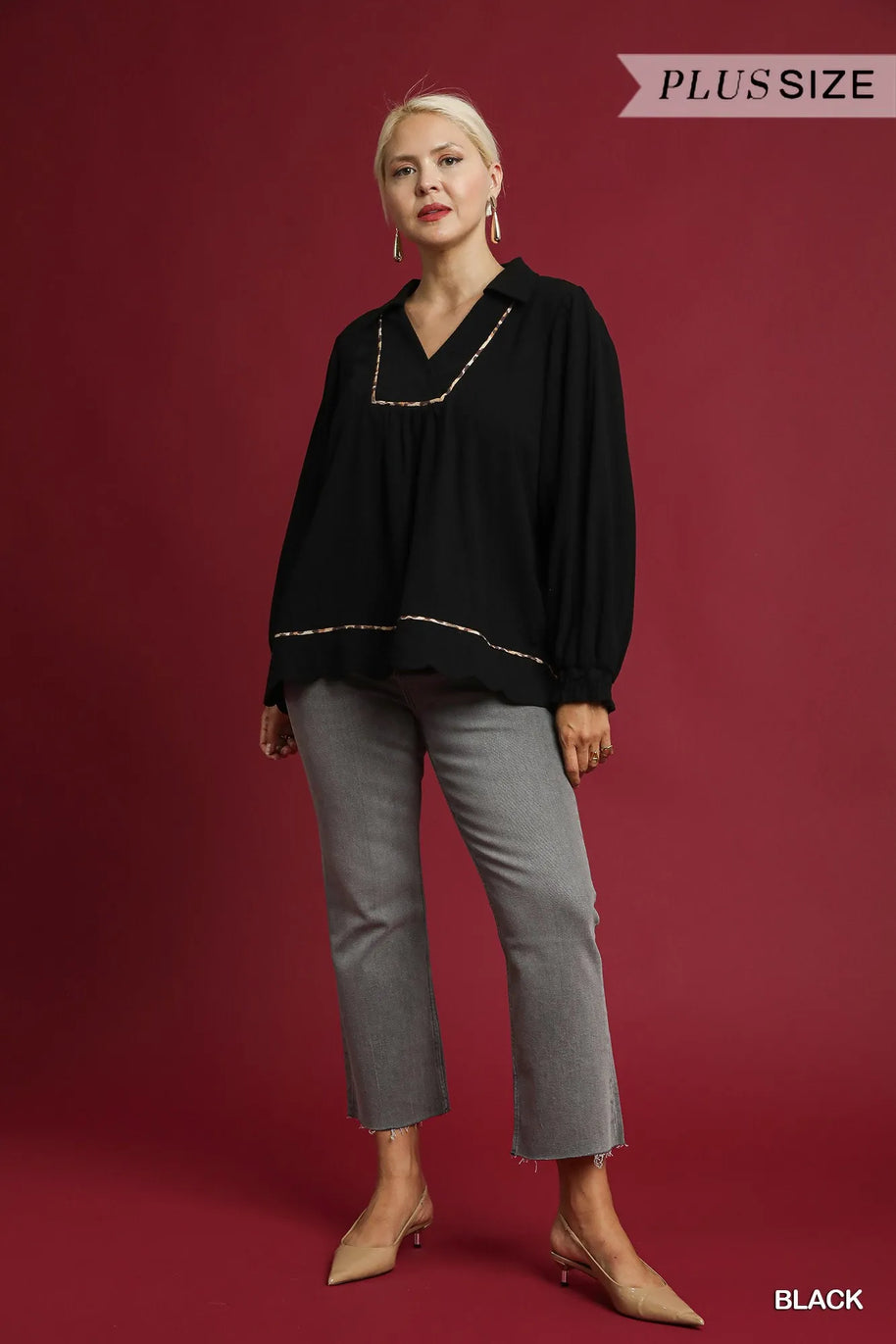 Linen Scallop Hem Blouse with Contrast Trim-Blouses-Trendsi-[option4]-[option5]-[option6]-[option7]-[option8]-Shop-Boutique-Clothing-for-Women-Online