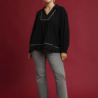 Linen Scallop Hem Blouse with Contrast Trim-Blouses-Trendsi-[option4]-[option5]-[option6]-[option7]-[option8]-Shop-Boutique-Clothing-for-Women-Online