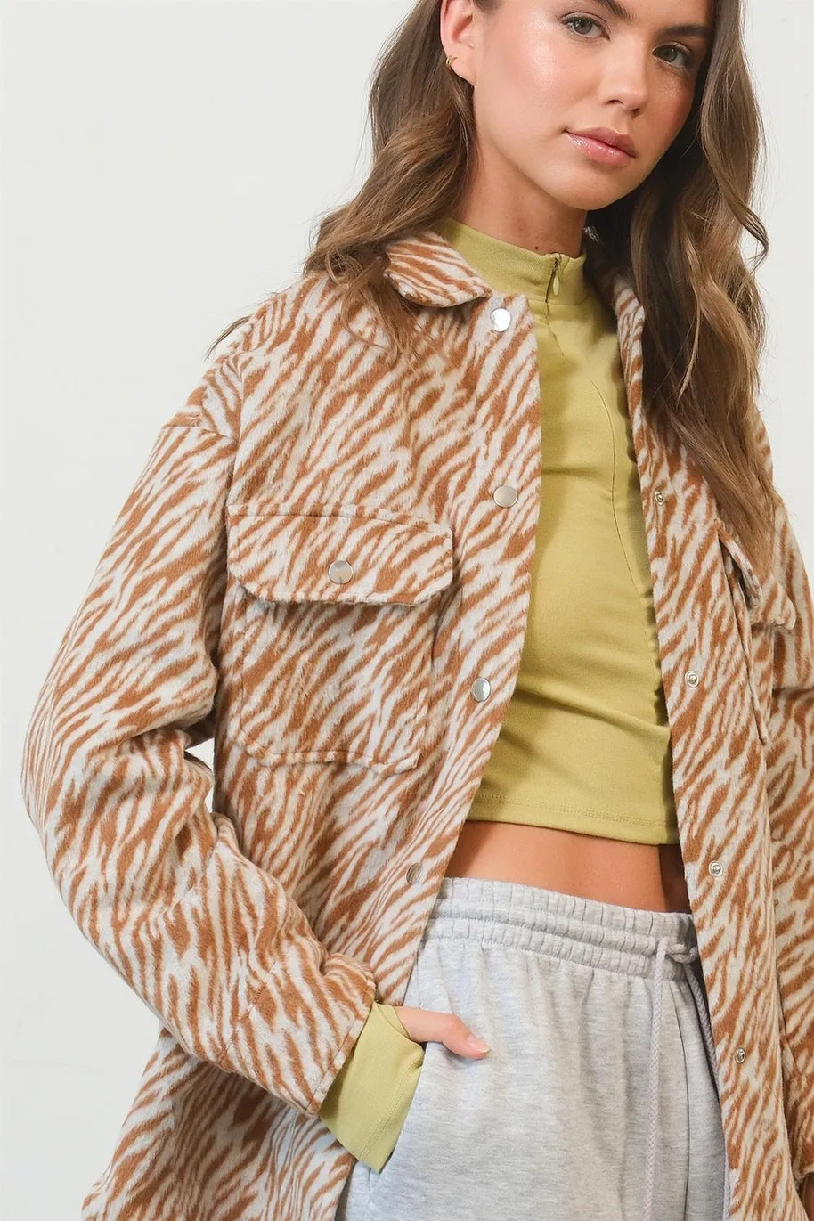 HYFVE Zebra Print Snap Down Long Sleeve Shacket-Jacket-Trendsi-[option4]-[option5]-[option6]-[option7]-[option8]-Shop-Boutique-Clothing-for-Women-Online