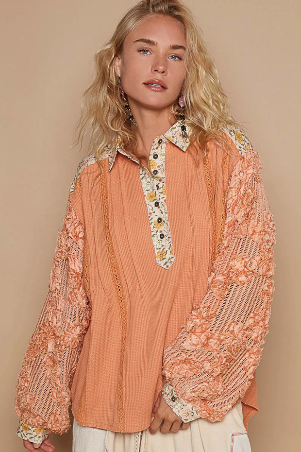 POL Floral Half Button Lace Detail Long Sleeve Top-Blouses-Trendsi-Sherbet-S-[option4]-[option5]-[option6]-[option7]-[option8]-Shop-Boutique-Clothing-for-Women-Online