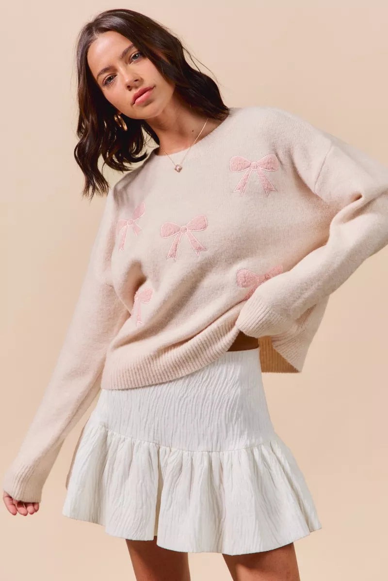 SO ME Embroidered Ribbon Round Neck Sweater-Sweaters-Trendsi-[option4]-[option5]-[option6]-[option7]-[option8]-Shop-Boutique-Clothing-for-Women-Online
