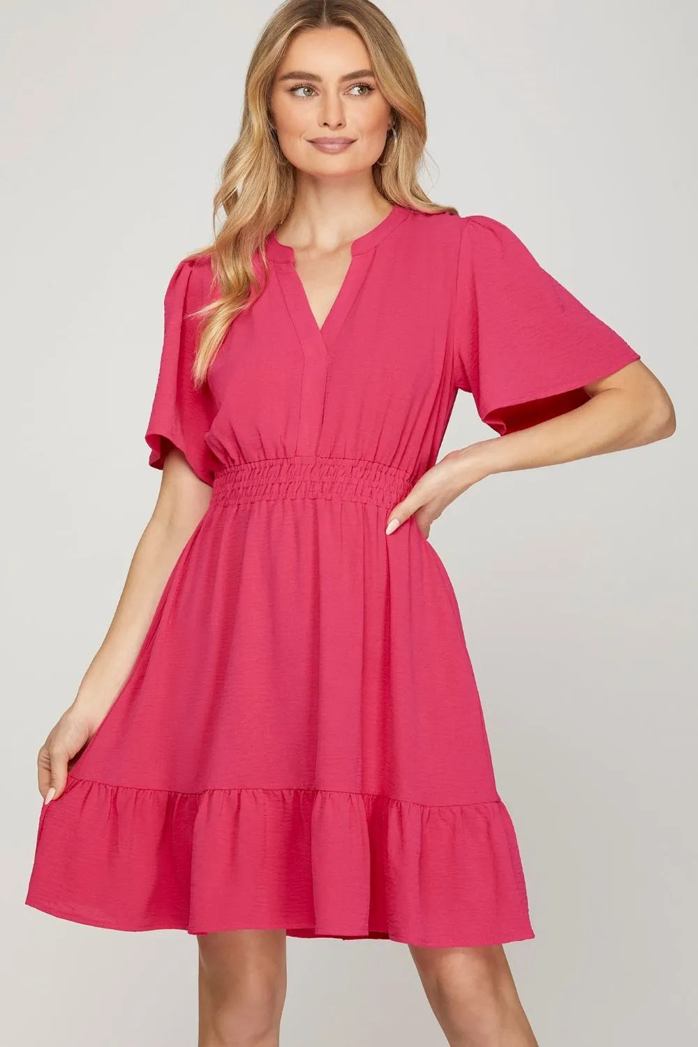 She + Sky Ruffled Hem Notched Flutter Sleeve Mini Dress-Dresses-Trendsi-Strawberry-S-[option4]-[option5]-[option6]-[option7]-[option8]-Shop-Boutique-Clothing-for-Women-Online