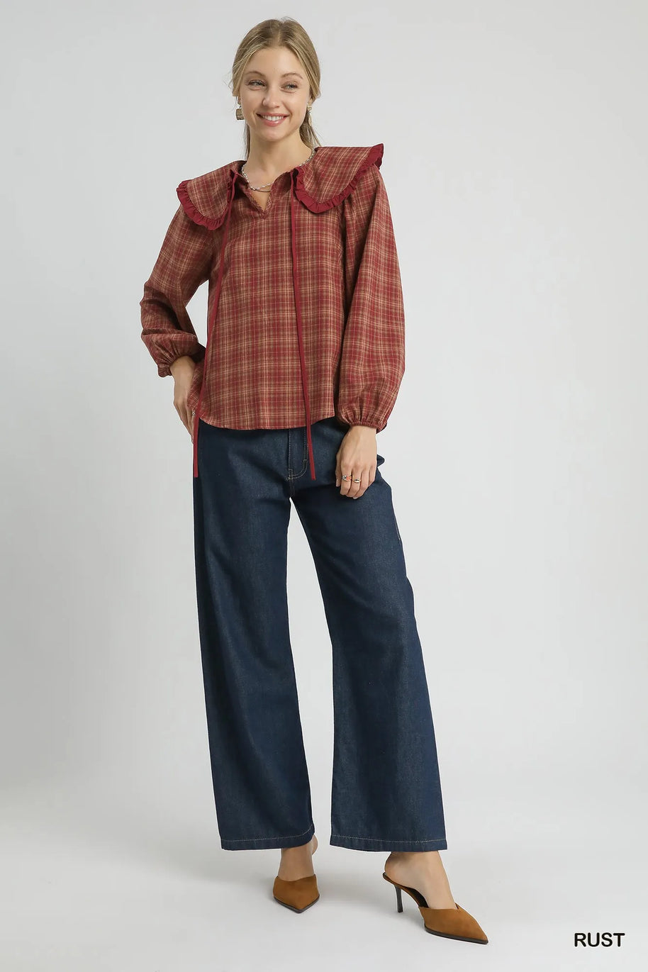 Umgee Full Size Plaid Ruffle Collar Blouse-Blouses-Trendsi-[option4]-[option5]-[option6]-[option7]-[option8]-Shop-Boutique-Clothing-for-Women-Online