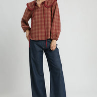 Umgee Full Size Plaid Ruffle Collar Blouse-Blouses-Trendsi-[option4]-[option5]-[option6]-[option7]-[option8]-Shop-Boutique-Clothing-for-Women-Online