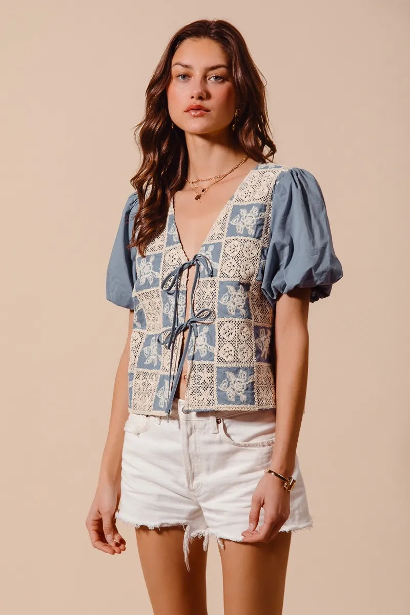 SO ME Crochet Lace Tie Front V Neck Blouse Top-Blouses-Trendsi-[option4]-[option5]-[option6]-[option7]-[option8]-Shop-Boutique-Clothing-for-Women-Online