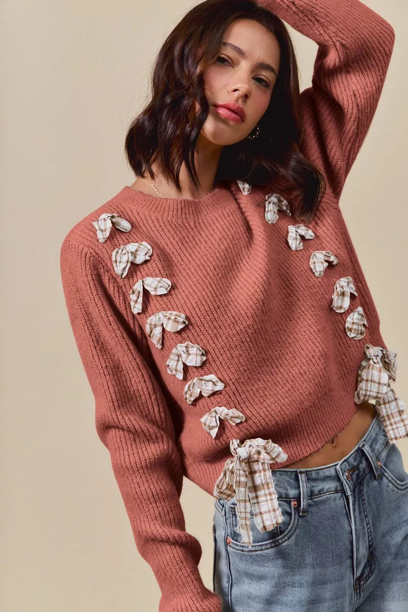 SO ME Checkered Plaid Tape Lace Up Ribbed Sweater-sweater-Trendsi-[option4]-[option5]-[option6]-[option7]-[option8]-Shop-Boutique-Clothing-for-Women-Online