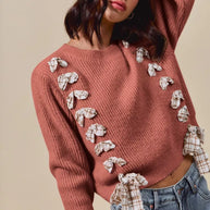 SO ME Checkered Plaid Tape Lace Up Ribbed Sweater-sweater-Trendsi-[option4]-[option5]-[option6]-[option7]-[option8]-Shop-Boutique-Clothing-for-Women-Online