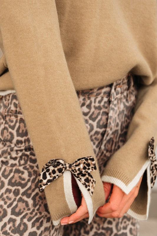 Leopard Bow Split Cuff Contrast Trim Sweater-JUNIPER BLVD-[option4]-[option5]-[option6]-[option7]-[option8]-Shop-Boutique-Clothing-for-Women-Online