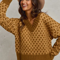 SO ME Color Block Textured Christmas Sweater V Neck Top-Sweaters-Trendsi-[option4]-[option5]-[option6]-[option7]-[option8]-Shop-Boutique-Clothing-for-Women-Online