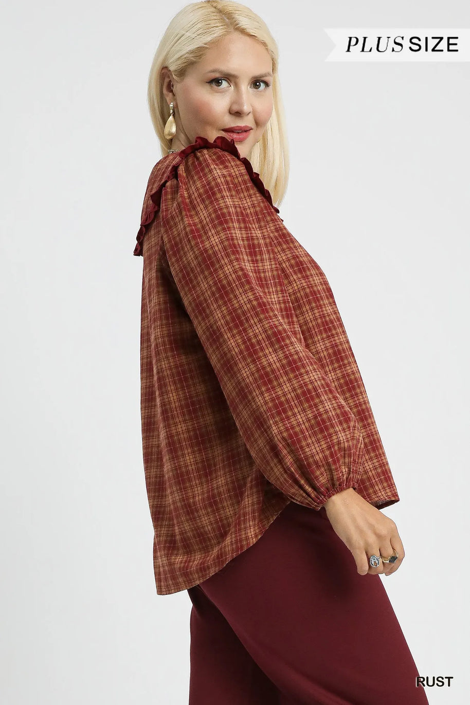 Umgee Full Size Plaid Ruffle Collar Blouse-Blouses-Trendsi-[option4]-[option5]-[option6]-[option7]-[option8]-Shop-Boutique-Clothing-for-Women-Online