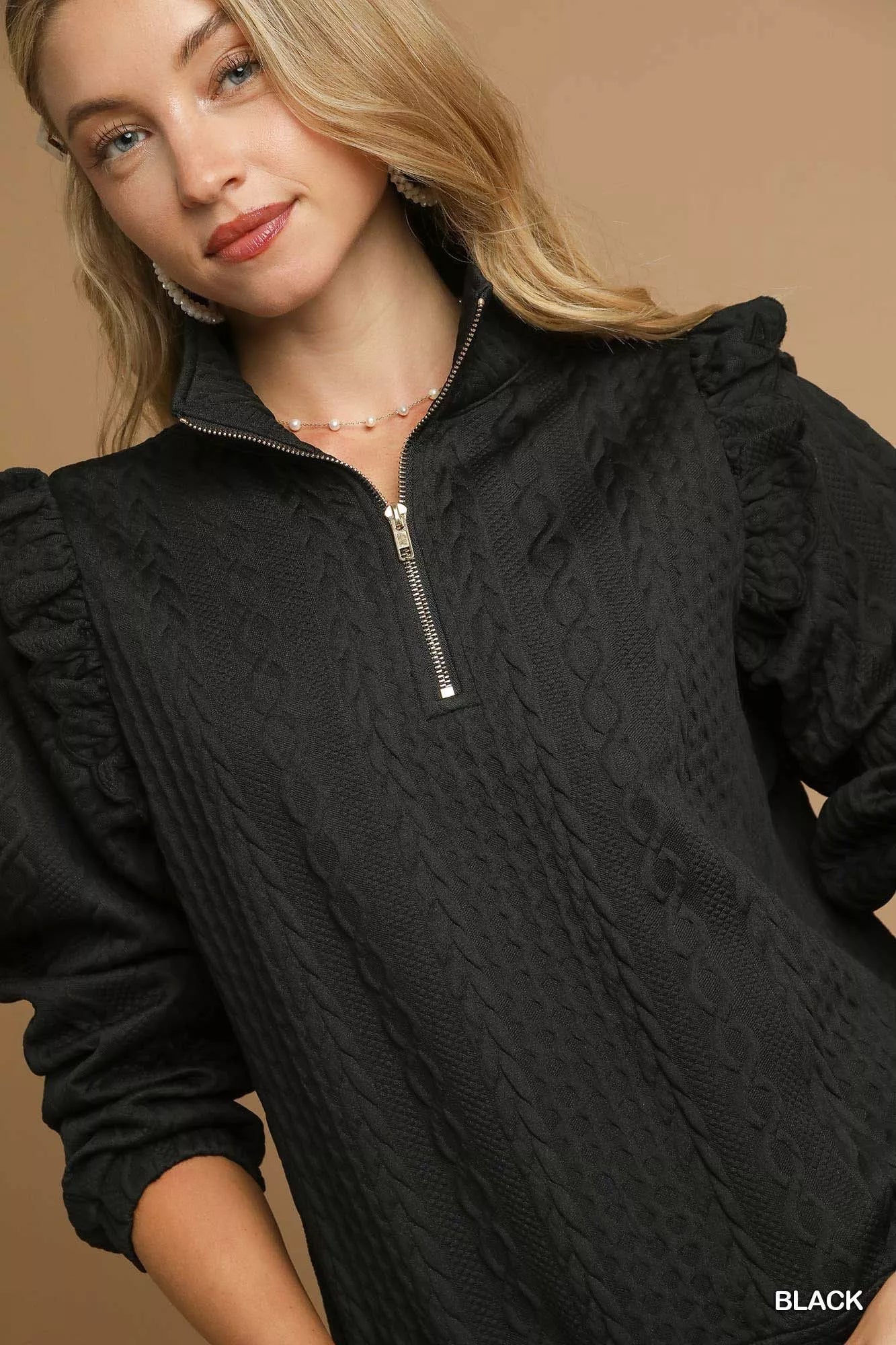 Umgee Cable Knit Textured Pullover with Ruffle Shoulders-Sweatshirts & Hoodies-Trendsi-[option4]-[option5]-[option6]-[option7]-[option8]-Shop-Boutique-Clothing-for-Women-Online