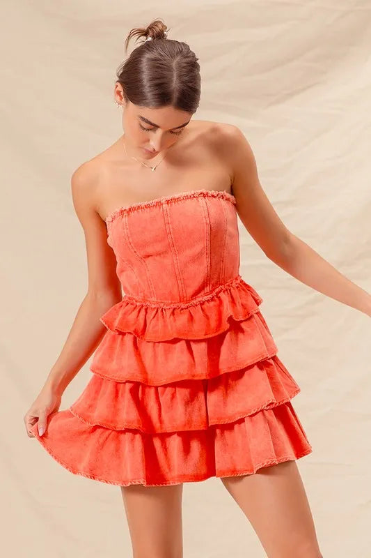SO ME Strapless Ruffle Layered Game Day Cheer Up Dress-Dresses-Trendsi-ORANGE-S-[option4]-[option5]-[option6]-[option7]-[option8]-Shop-Boutique-Clothing-for-Women-Online