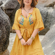 Plus Size Notched Tie Waist Half Sleeve Midi Dress-Dresses-Trendsi-[option4]-[option5]-[option6]-[option7]-[option8]-Shop-Boutique-Clothing-for-Women-Online