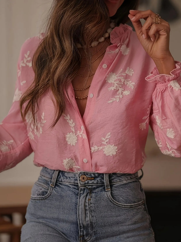Flower Button Up Long Sleeve Shirt-Tops-Trendsi-Pink-S-[option4]-[option5]-[option6]-[option7]-[option8]-Shop-Boutique-Clothing-for-Women-Online