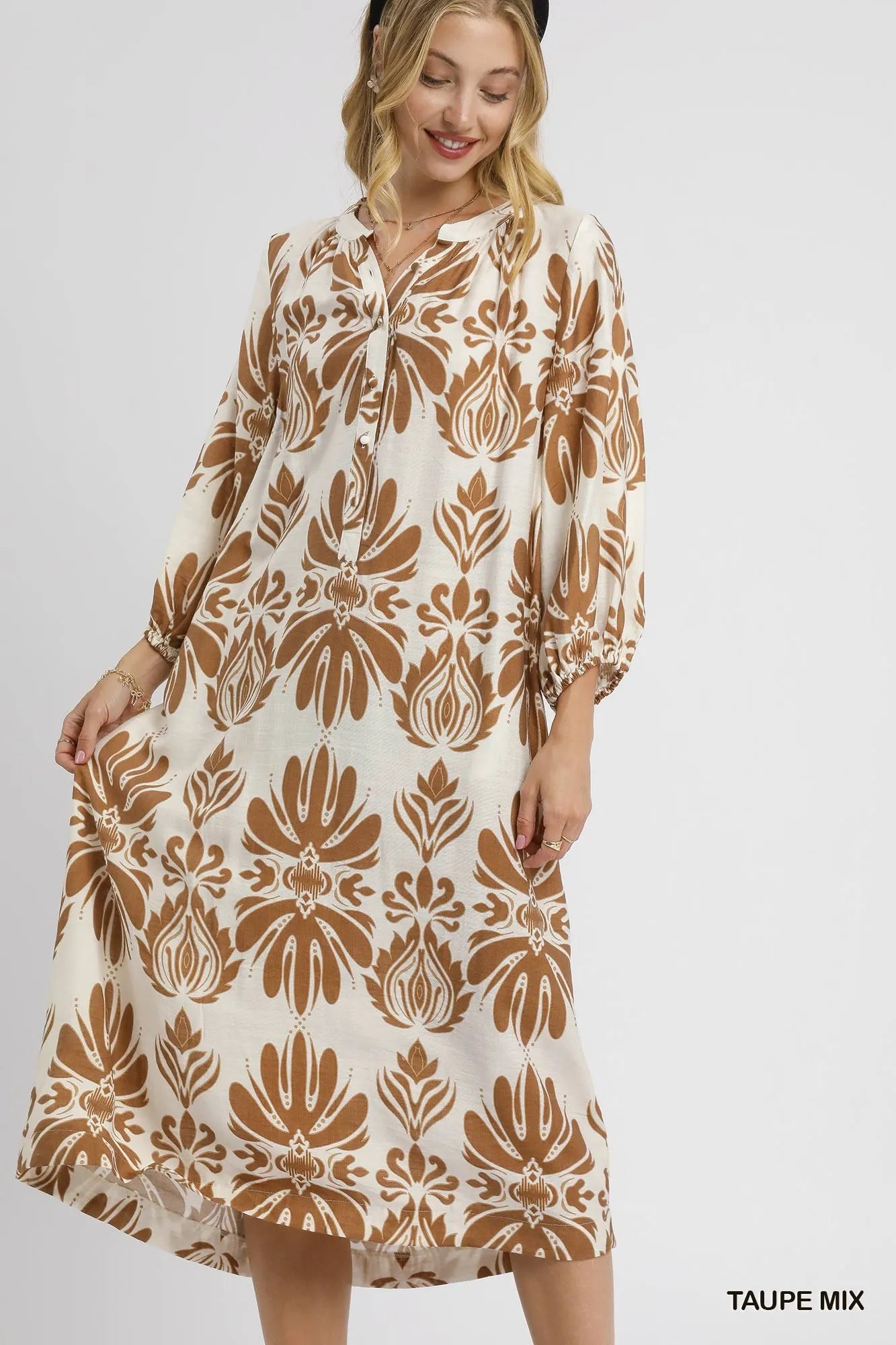 Umgee Mix Abstract Floral Print Midi Dress-Dresses-Trendsi-TAUPE MIX-S-[option4]-[option5]-[option6]-[option7]-[option8]-Shop-Boutique-Clothing-for-Women-Online