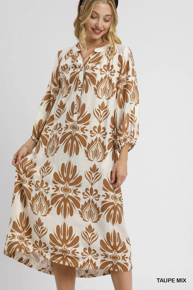 Umgee Mix Abstract Floral Print Midi Dress-Dresses-Trendsi-TAUPE MIX-S-[option4]-[option5]-[option6]-[option7]-[option8]-Shop-Boutique-Clothing-for-Women-Online
