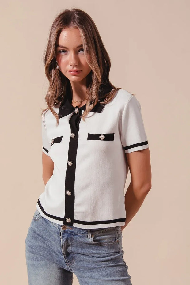SO ME Button Down Knitted Sweater Shirt Top-Blouses-Trendsi-IVORY/BLACK-S-[option4]-[option5]-[option6]-[option7]-[option8]-Shop-Boutique-Clothing-for-Women-Online