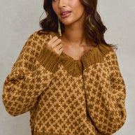 SO ME Color Block Textured Christmas Sweater V Neck Top-Sweaters-Trendsi-CARAMEL/BROWN-S-[option4]-[option5]-[option6]-[option7]-[option8]-Shop-Boutique-Clothing-for-Women-Online