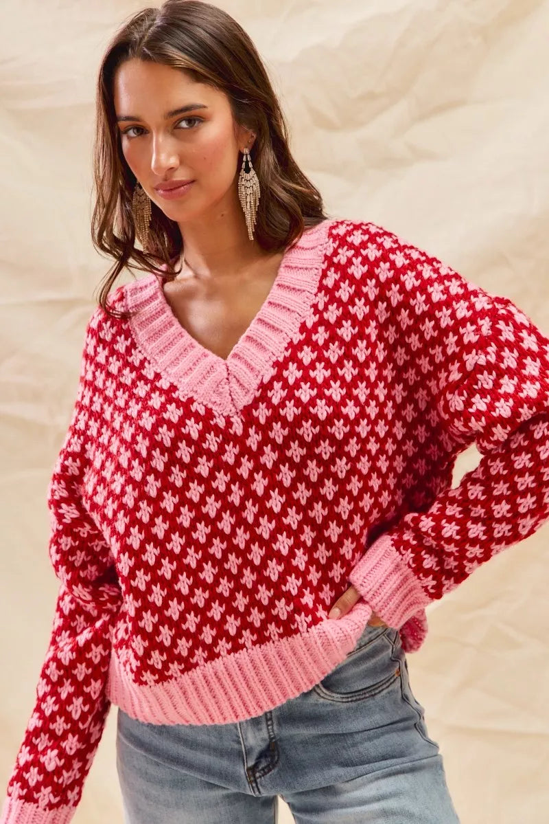 SO ME Color Block Textured Christmas Sweater V Neck Top-Sweaters-Trendsi-[option4]-[option5]-[option6]-[option7]-[option8]-Shop-Boutique-Clothing-for-Women-Online
