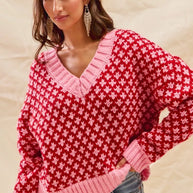 SO ME Color Block Textured Christmas Sweater V Neck Top-Sweaters-Trendsi-[option4]-[option5]-[option6]-[option7]-[option8]-Shop-Boutique-Clothing-for-Women-Online