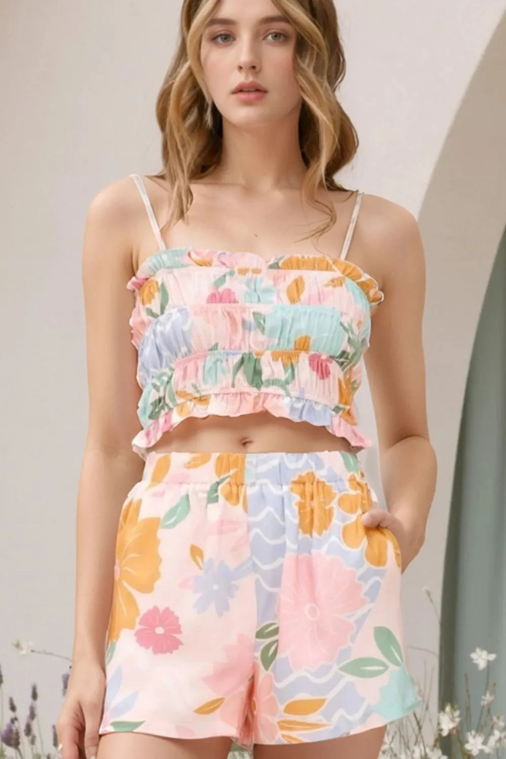 Print Ruffle Trim Cami Top and Shorts Set-Sets-Trendsi-Floral-S-[option4]-[option5]-[option6]-[option7]-[option8]-Shop-Boutique-Clothing-for-Women-Online