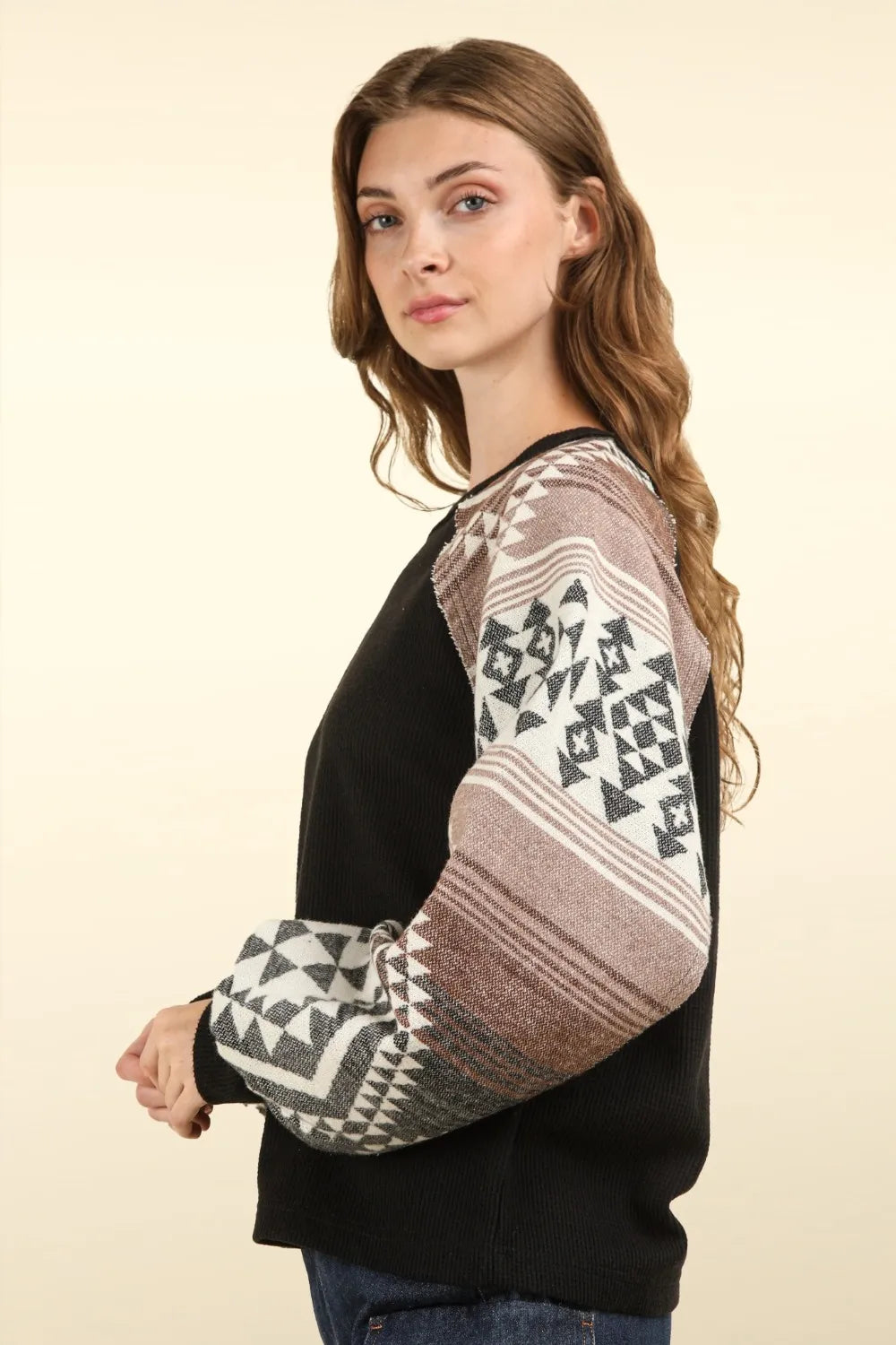 VERY J Printed Long Sleeve Round Neck Knit Top-Blouses-Trendsi-[option4]-[option5]-[option6]-[option7]-[option8]-Shop-Boutique-Clothing-for-Women-Online