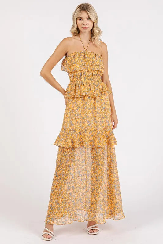 Mittoshop Ruffled Smocked Floral Halter Neck Maxi Dress-Dresses-Trendsi-Tangerine-S-[option4]-[option5]-[option6]-[option7]-[option8]-Shop-Boutique-Clothing-for-Women-Online