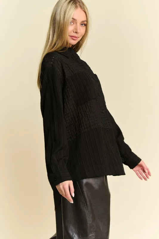 Davi & Dani Crinkled Jacquard Button Down Shirt-Blouses-Trendsi-[option4]-[option5]-[option6]-[option7]-[option8]-Shop-Boutique-Clothing-for-Women-Online