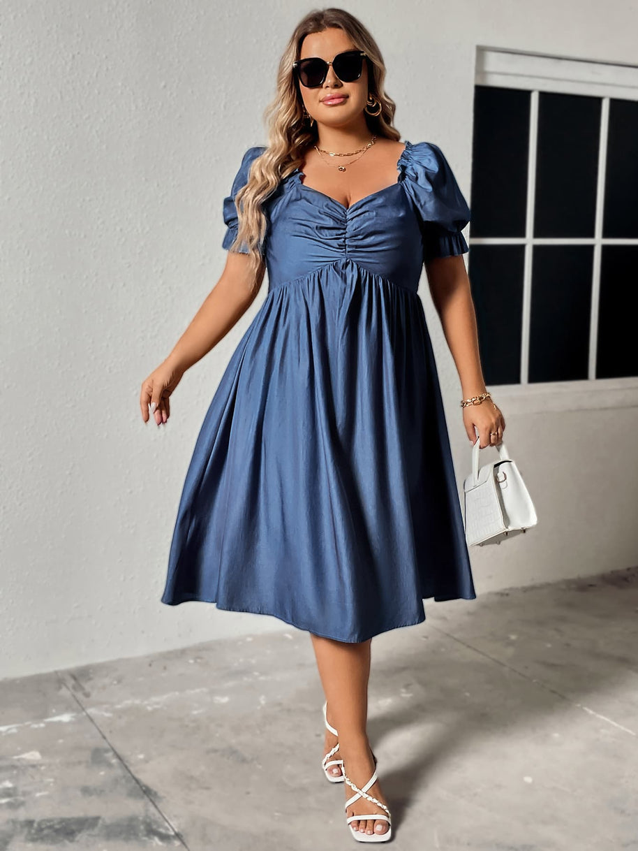 Honey Plus Size Ruched Sweetheart Neck Dress-Dresses-Trendsi-Blue-1XL-[option4]-[option5]-[option6]-[option7]-[option8]-Shop-Boutique-Clothing-for-Women-Online