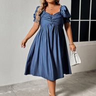 Honey Plus Size Ruched Sweetheart Neck Dress-Dresses-Trendsi-Blue-1XL-[option4]-[option5]-[option6]-[option7]-[option8]-Shop-Boutique-Clothing-for-Women-Online