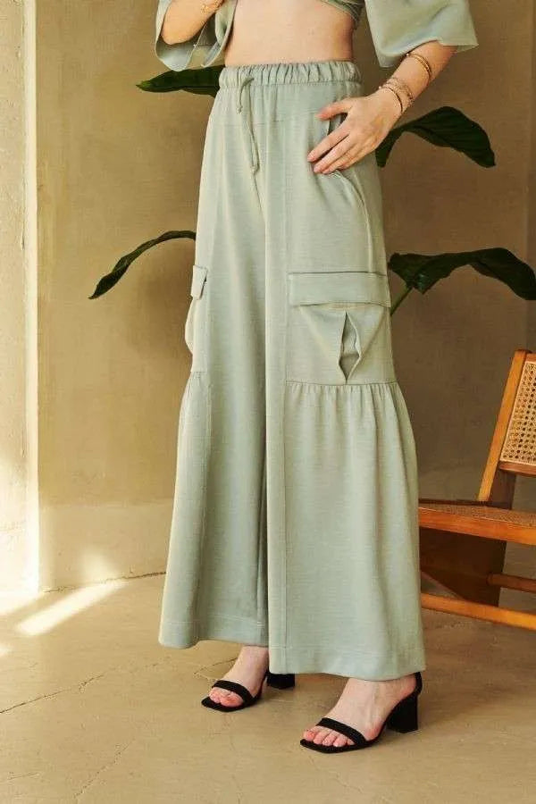 Davi & Dani Drawstring Ruched Detail Wide Leg Pants-Pants-Trendsi-Sage-S-[option4]-[option5]-[option6]-[option7]-[option8]-Shop-Boutique-Clothing-for-Women-Online