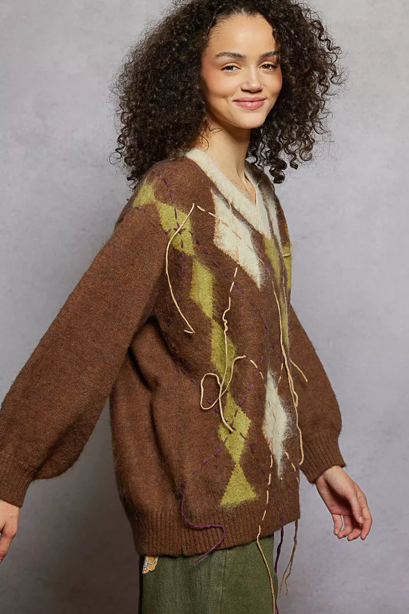 POL V-Neck Argyle Pattern Mohair Sweater with Contrast Exposed Stitch Detail-sweater-Trendsi-[option4]-[option5]-[option6]-[option7]-[option8]-Shop-Boutique-Clothing-for-Women-Online