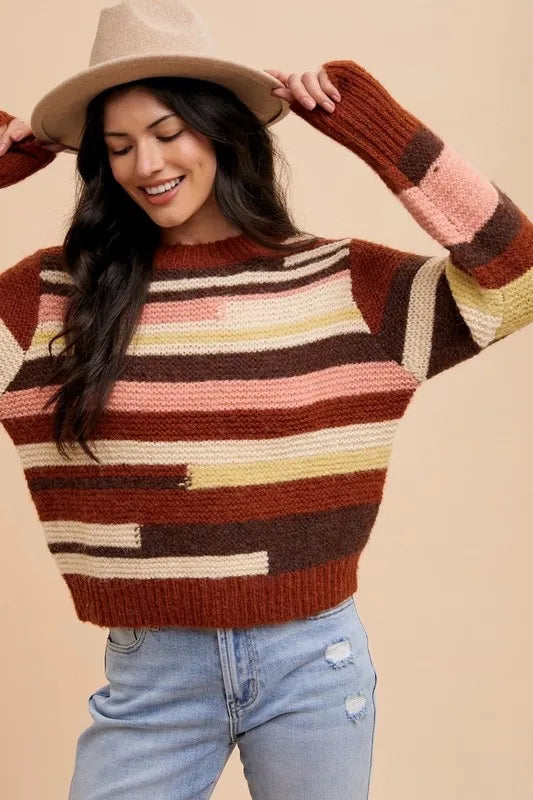 Annie Wear Color Block Round Neck Long Sleeve Sweater-Sweaters-Trendsi-Chocolate Multicolor-S-[option4]-[option5]-[option6]-[option7]-[option8]-Shop-Boutique-Clothing-for-Women-Online
