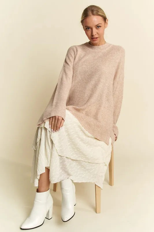 Davi & Dani High-Low Round Neck Drop Shoulder Sweater-Sweater-Trendsi-[option4]-[option5]-[option6]-[option7]-[option8]-Shop-Boutique-Clothing-for-Women-Online