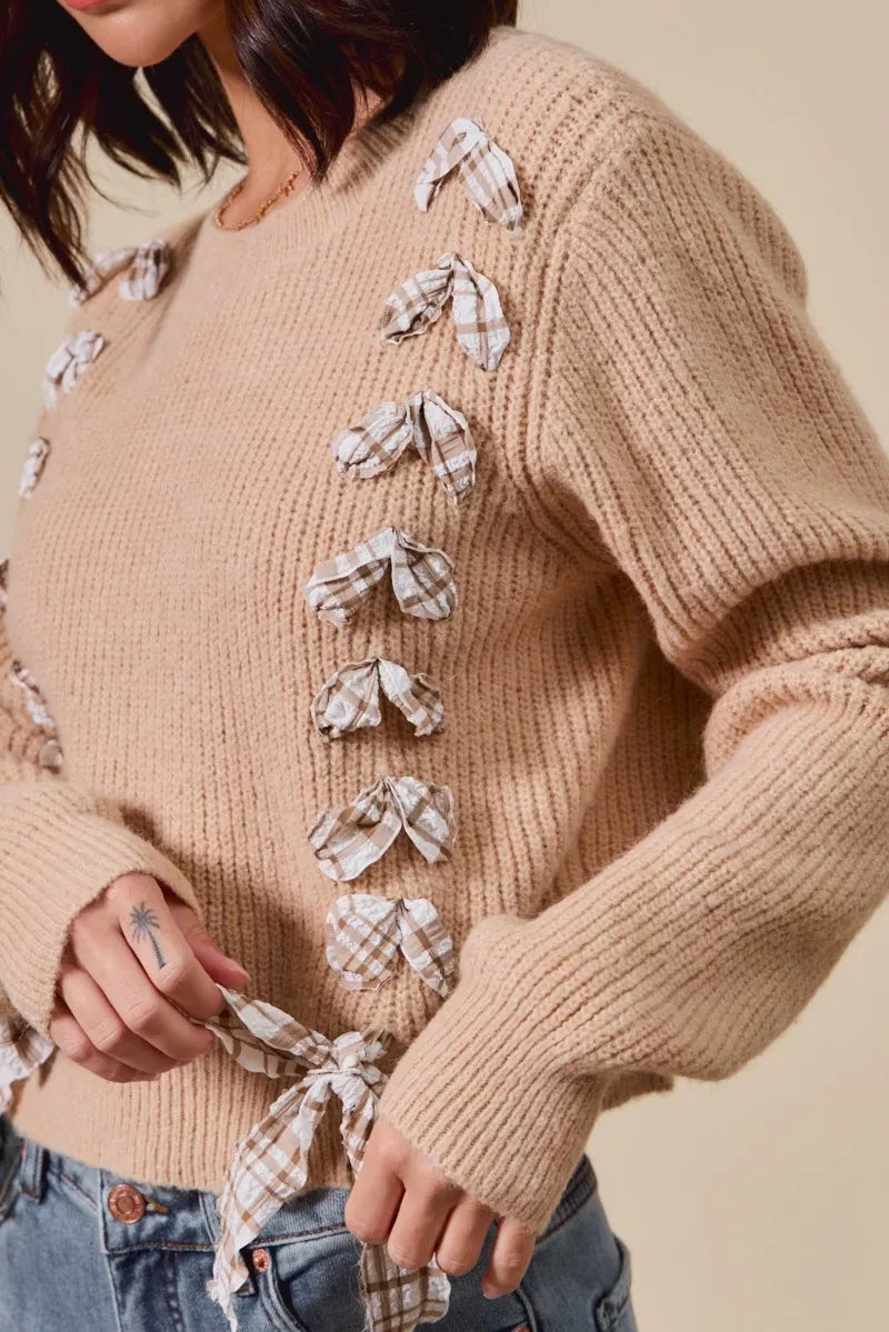 SO ME Checkered Plaid Tape Lace Up Ribbed Sweater-Sweaters-Trendsi-[option4]-[option5]-[option6]-[option7]-[option8]-Shop-Boutique-Clothing-for-Women-Online