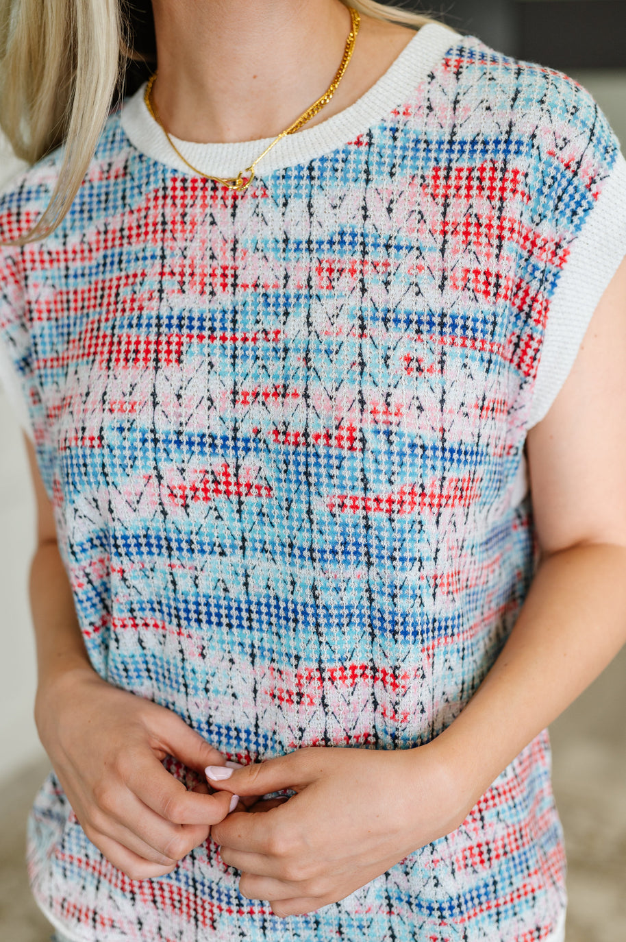Blurred Beauty Textured Knit Top in Blue, Red and White-Womens-Ave Shops-[option4]-[option5]-[option6]-[option7]-[option8]-Shop-Boutique-Clothing-for-Women-Online